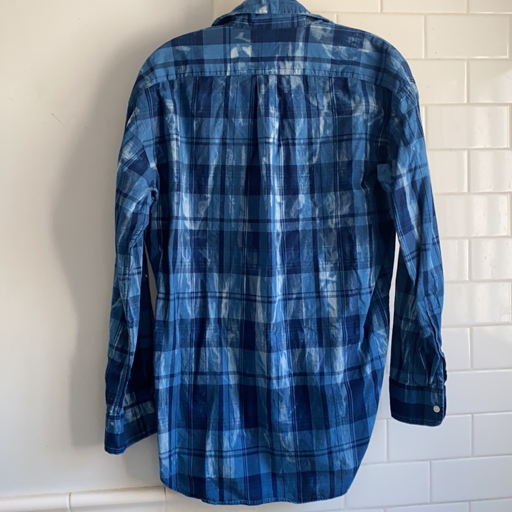 Ralph Lauren Navy Blue and White Tie Dye Long Sleeve Plaid Lightweight Shirt - Picture 4 of 4